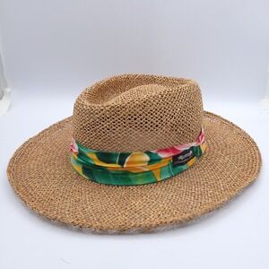 Original Panama Jack Straw Hat Womens Large Tan Green and Red Floral Band